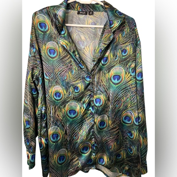 Nasty Gal Satin Peacock Feather Print PJ Top - Picture 1 of 6